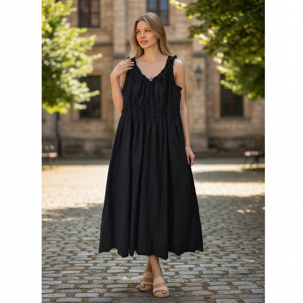 Old Navy XL Black Cotton Smocked Midi Tank Dress Ruffle Straps
Pockets Lined